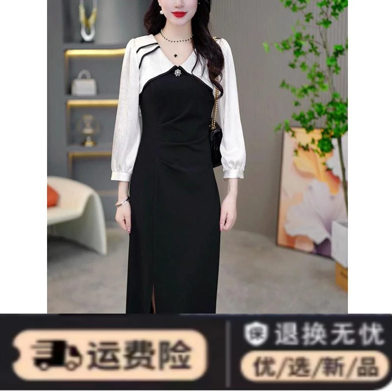 2024秋季新款时尚皱褶A字开叉裙子女收腰显瘦设计感假两件连衣裙