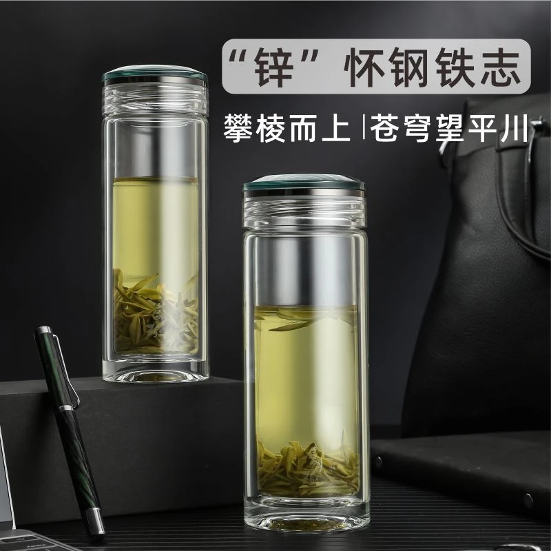启明缘玻璃杯双层透明便携杯男士泡茶防烫水杯家用带盖杯子 6061
