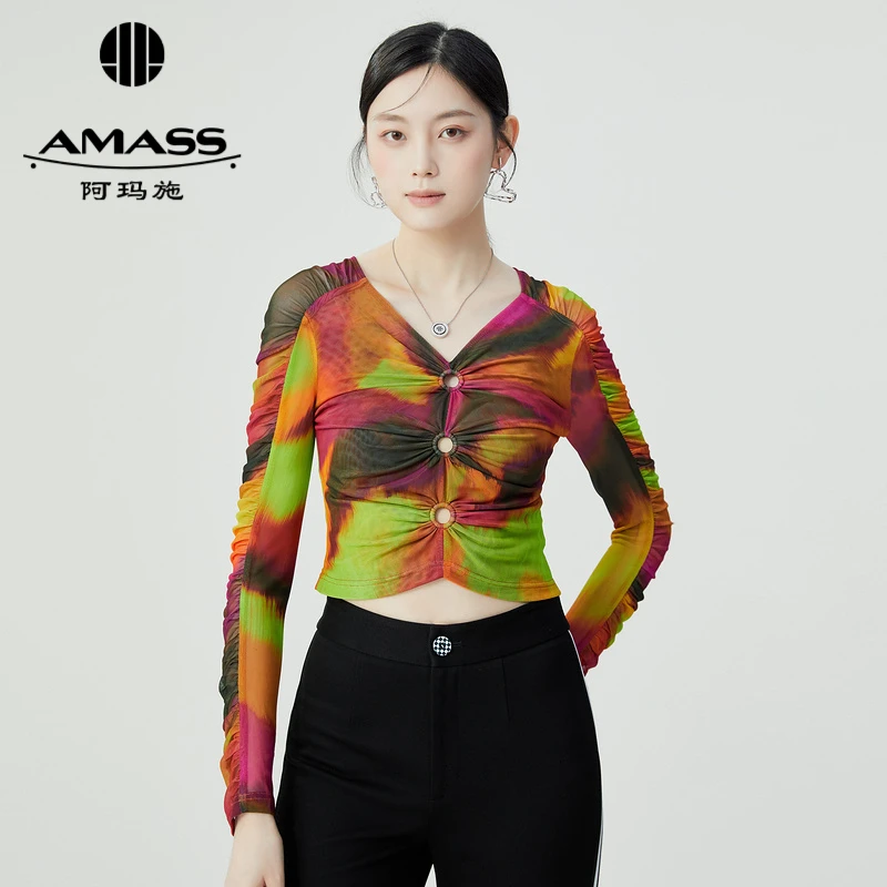 阿玛施AMASS 绚丽色彩造型感修身丝网纱衣显瘦长袖短款5301015