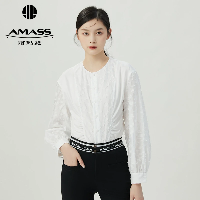 AMASS/阿玛施阿玛施前中抽皱设计圆领简约质感长袖衬衫女5300938