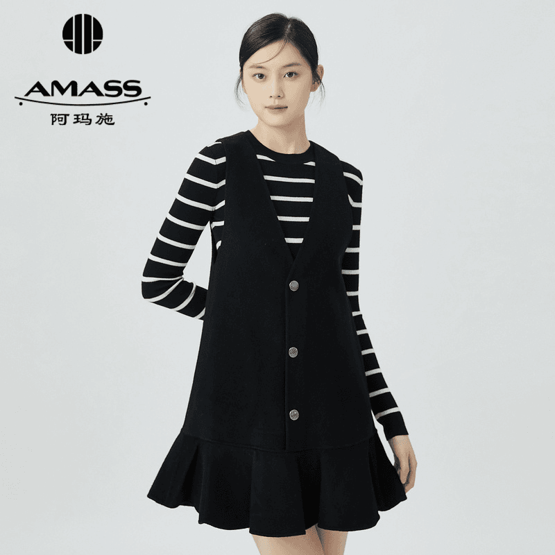 阿玛施新款减龄学院风双面呢无袖洋装裙 5500510