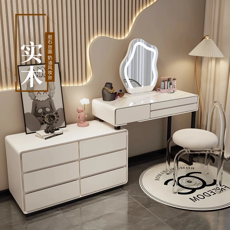 实木岩板梳妆台现代简约化妆台斗柜一体带灯家用可移动白化妆桌