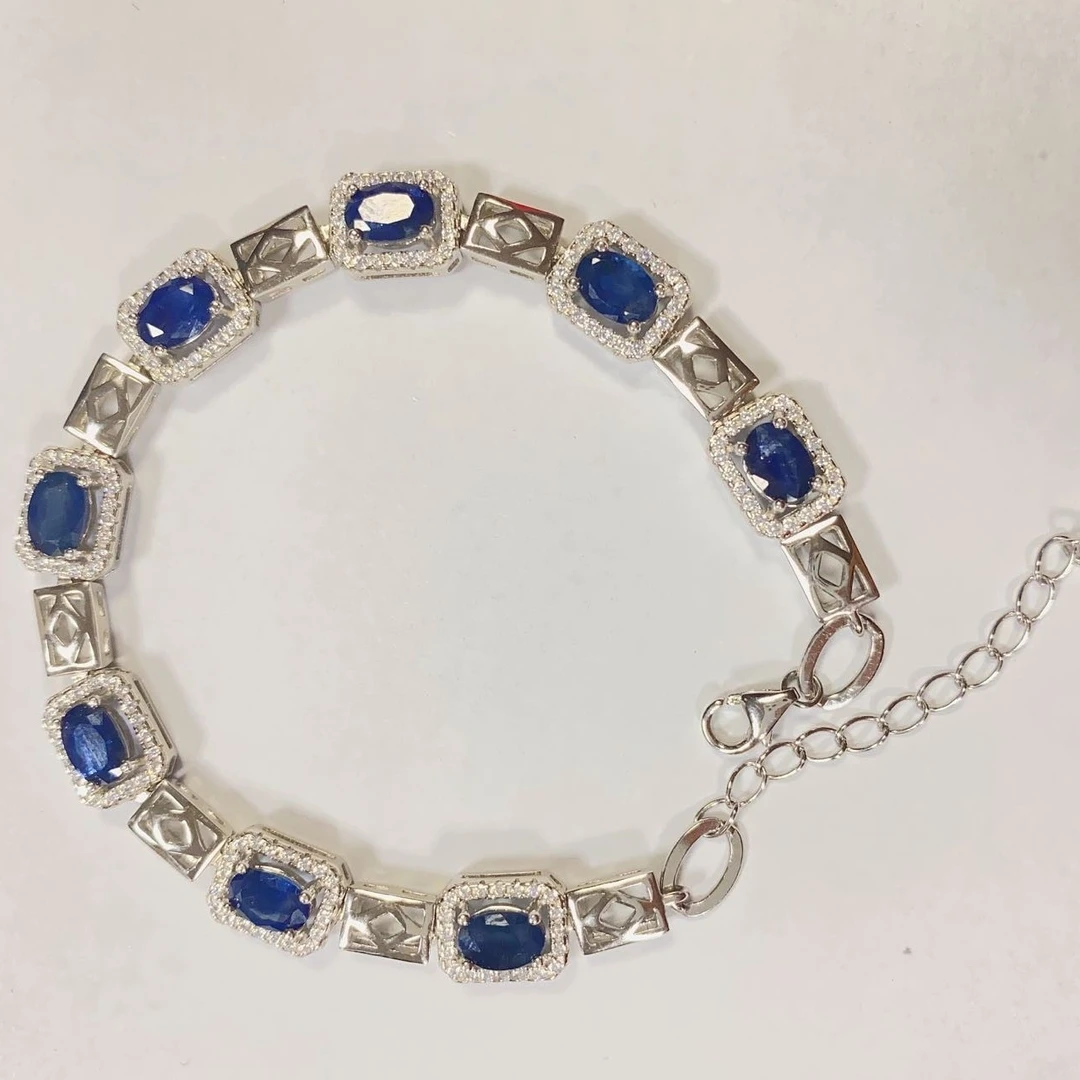 天然无烧蓝宝石S925银镀金手链HYL2142基地发货配证书