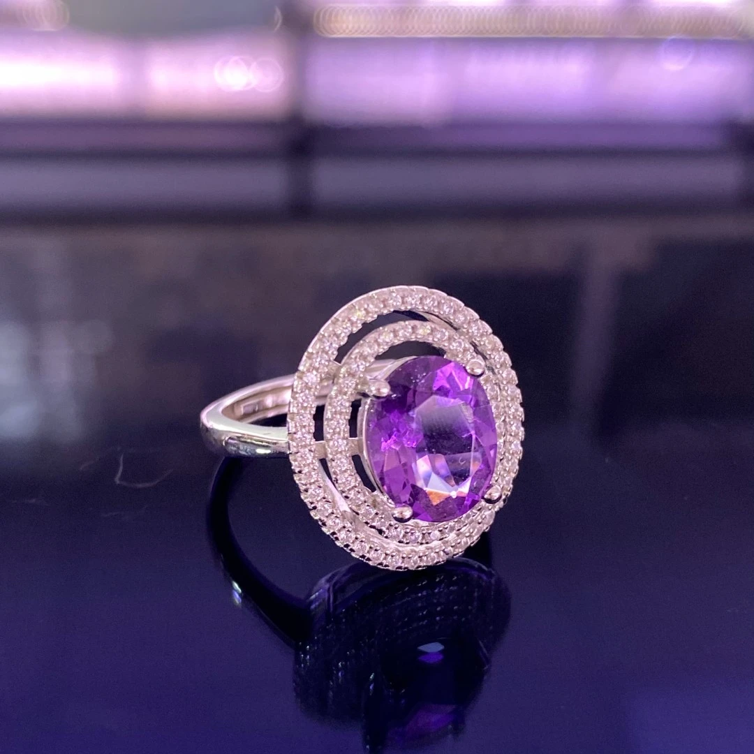【杨得意珠宝】高端天然紫水晶S925银镀金戒指R810