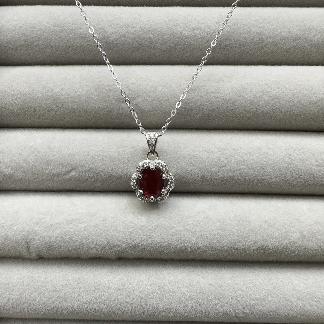 【新品】天然鸽血红太阳石s925银镀金吊坠P11444基地发货配证书