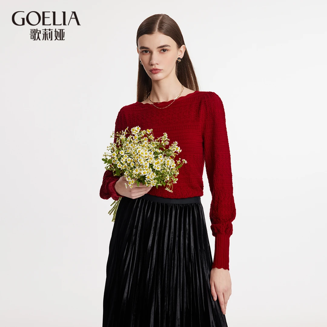 歌莉娅 春季新品  船领镂空针织上衣  1C2R5J020