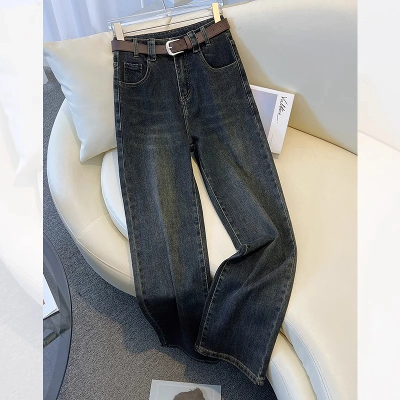 水泥灰阔腿裤女春秋爆款裤子2024新款高腰宽松显瘦复古窄版直筒裤