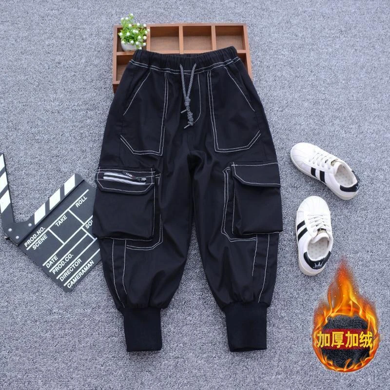 儿童裤子男童工装裤加厚一体绒裤子秋冬季新款中大童宽松弹力潮款