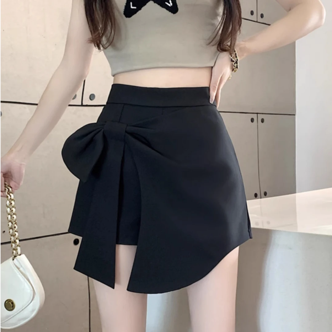 2025春夏新款高腰黑色蝴蝶结裤裙百搭修身辣妹开叉不规则包臀显瘦