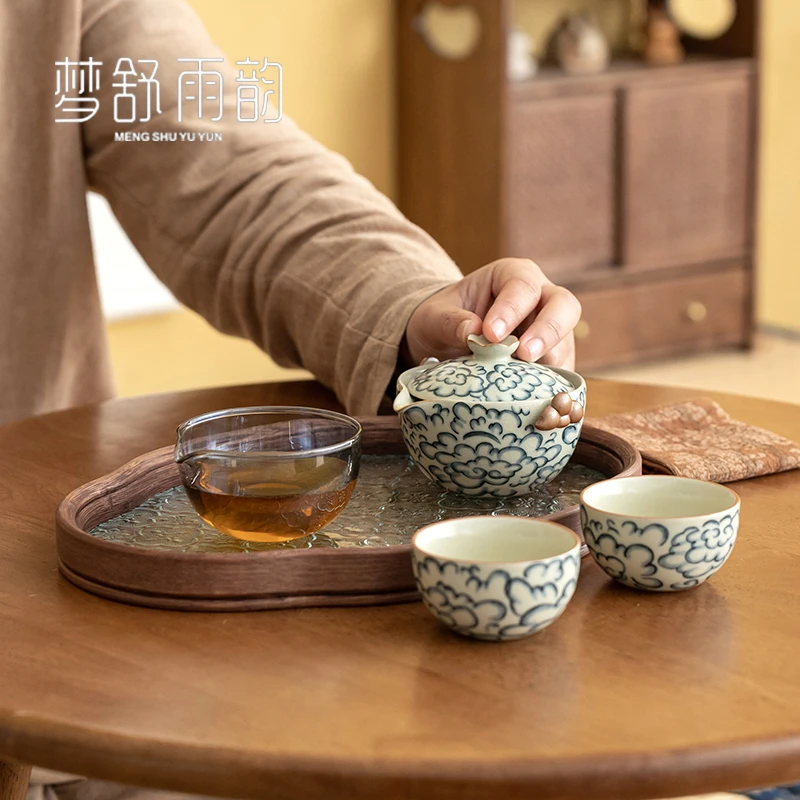 米黄汝窑祥云快客杯一壶两杯旅行茶具套装便携式一人饮户外小套组