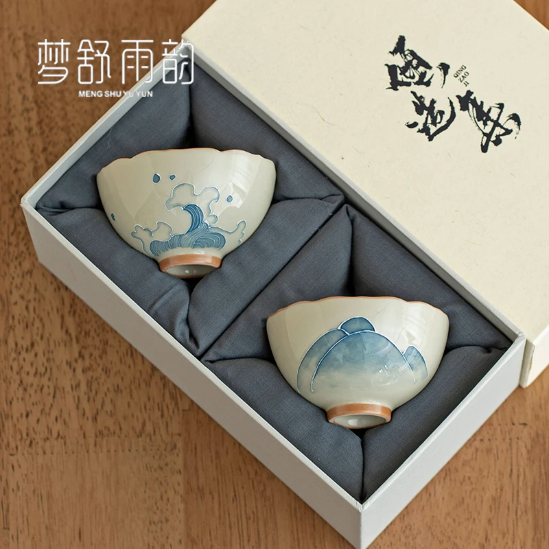 草木灰手绘山水海浪主人杯陶瓷家用茶杯品茗杯釉下彩单杯男女对杯