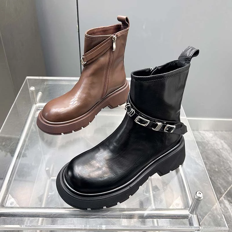 【现货】2024秋季新款简约百搭厚底短鞋真皮英伦风时装靴59290-1