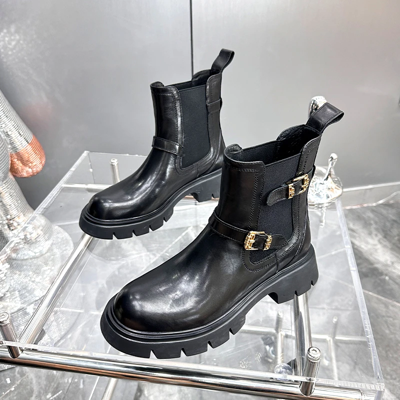 【现货】复古烟筒靴2024秋冬季新款真皮马丁靴厚底短靴单靴23057-1