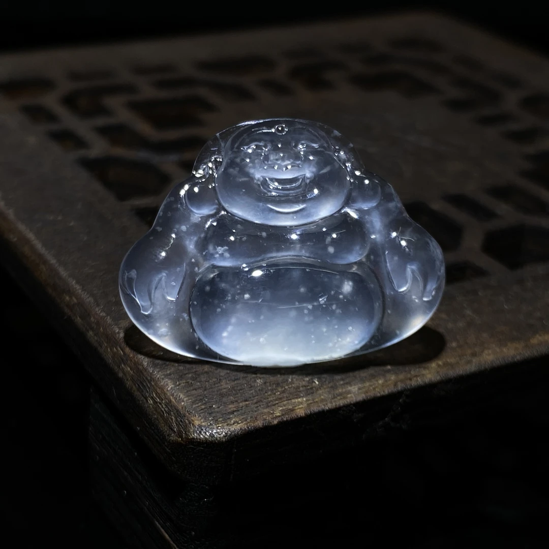 缅甸天然翡翠A货玻璃种雪花棉大肚佛公吊坠