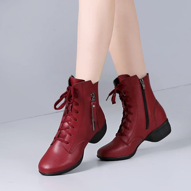 中跟水兵舞短靴中老年舞蹈鞋真皮软底妈妈鞋高帮交谊舞鞋高帮软皮