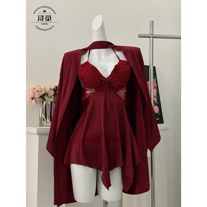 Xunmi/浔觅润丝 新款性感纯欲风显瘦深V时尚美背蝴蝶冰丝吊带睡裙