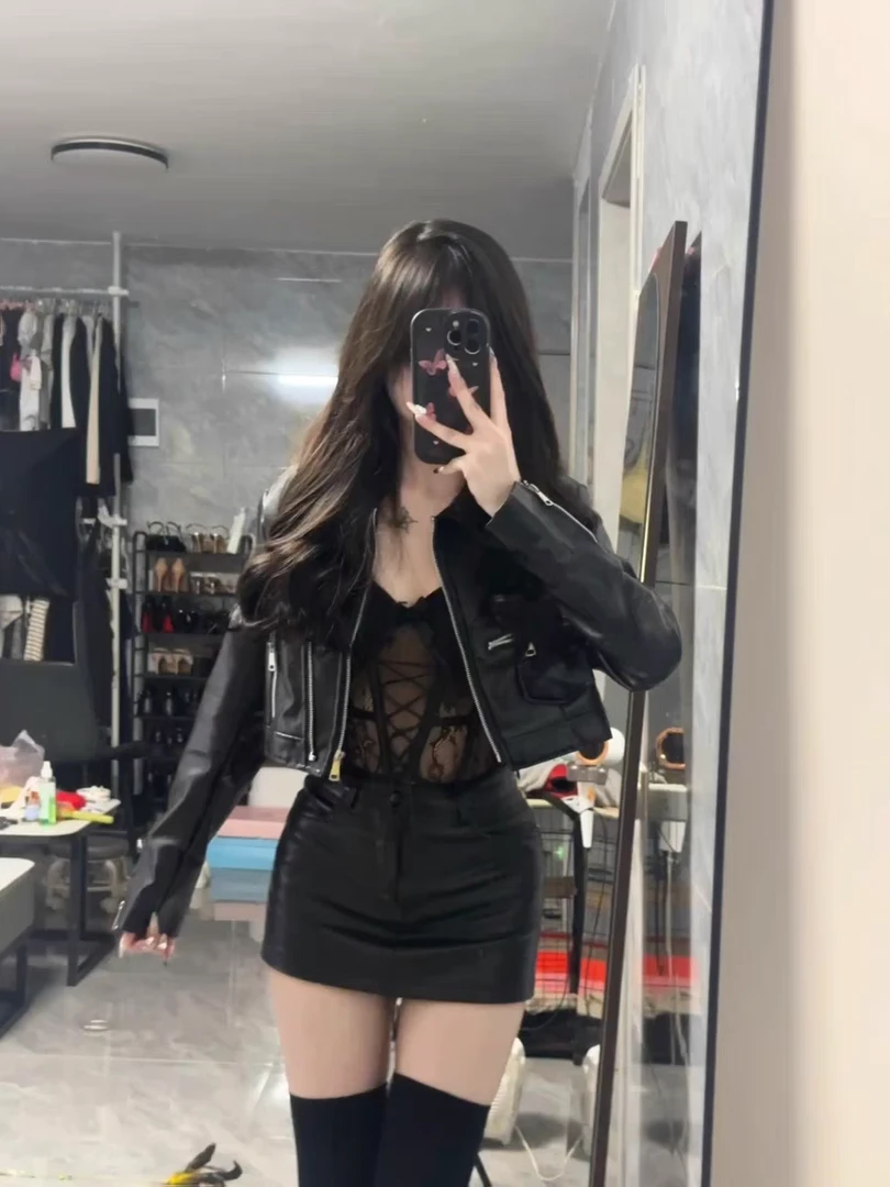 雅福梦机车美式辣妹皮衣外套鱼骨蕾丝吊带包臀皮裙套装女潮