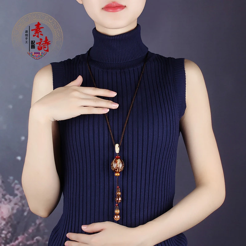 非金属布艺项链 复古风长款毛衣链吊坠古典民族风古装可调节饰品