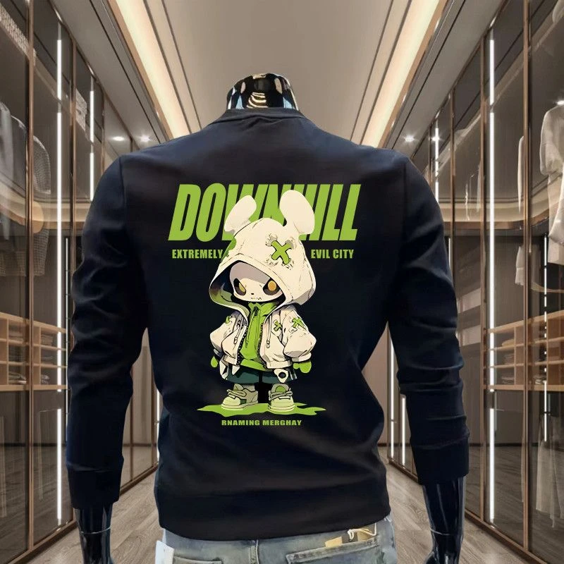 秋冬款圆领个性加绒印花无帽上衣男华棉潮牌ins休闲打底衫卫衣男