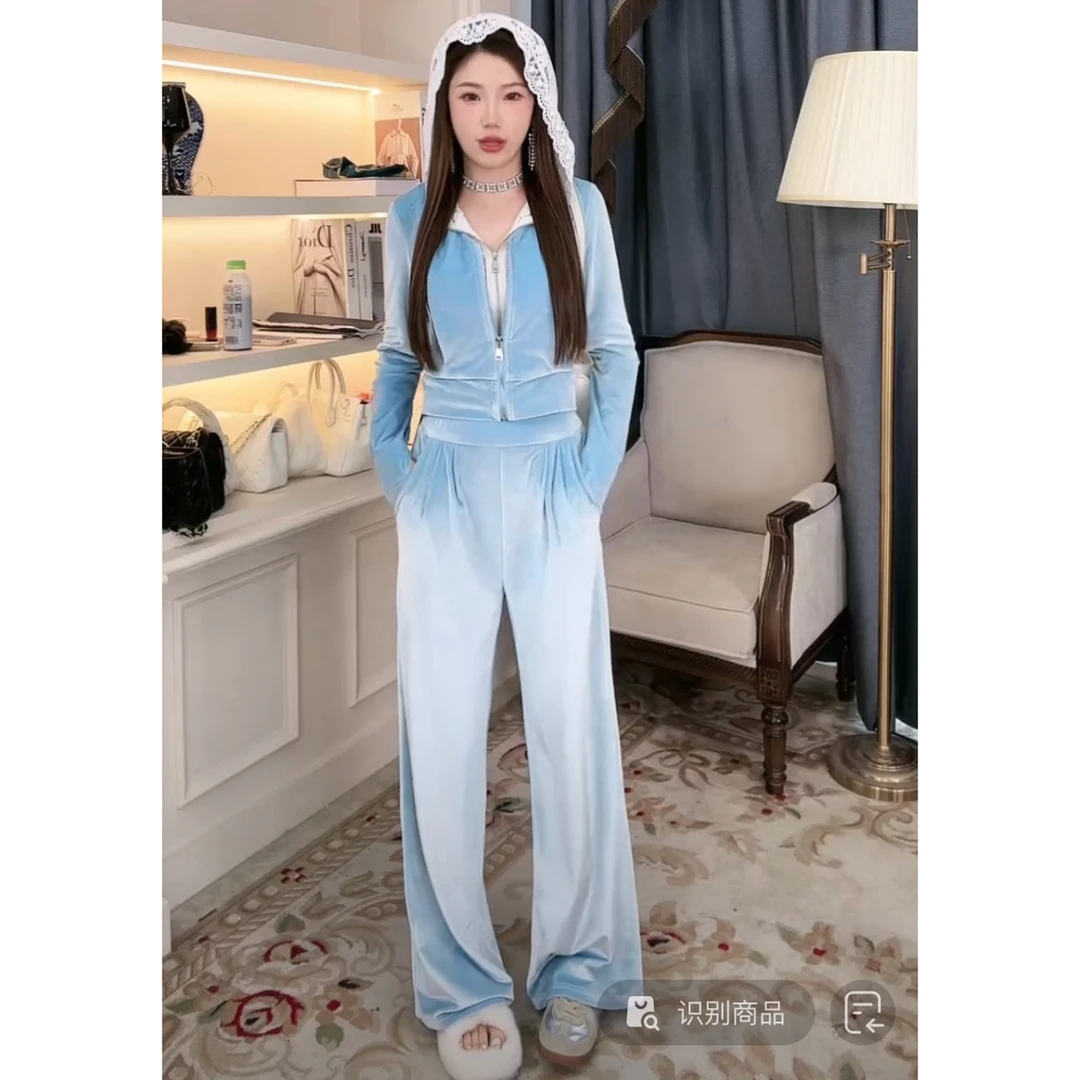 【华丽派对】丝绒运动套装 假两件拼接蕾丝连帽外套直筒裤气质显瘦
