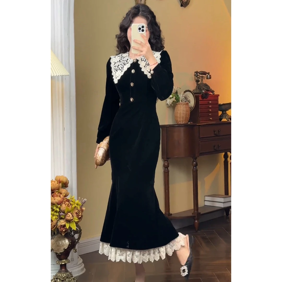 肖夫人【福气人鱼】赫本风黑色鱼尾复古长袖显瘦女修身连衣裙秋冬