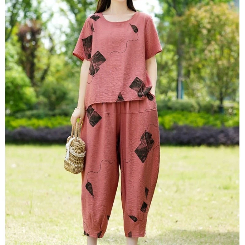 中年妈妈棉麻套装洋气2025夏装新款中老年胖mm宽松大码短袖两件套