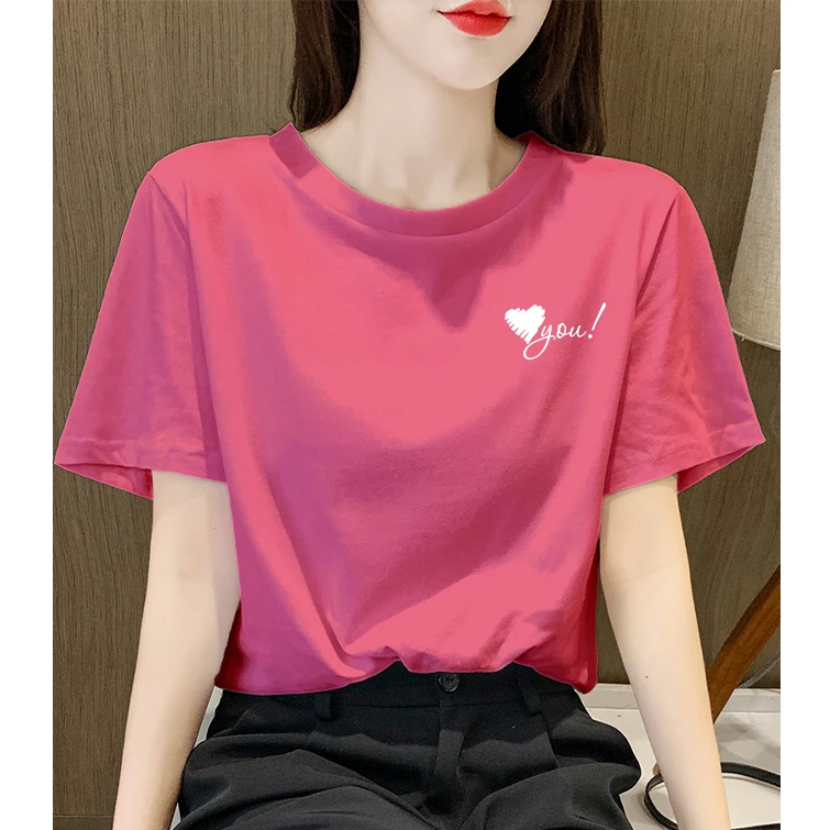 夏季短袖T恤女士印花宽松棉质体恤休闲玫红正肩半袖2025新款上衣