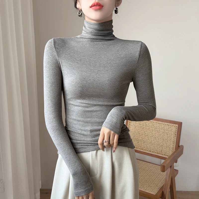 灰色高领打底衫女秋冬2025新款内搭洋气磨毛保暖黑色长袖T恤上衣