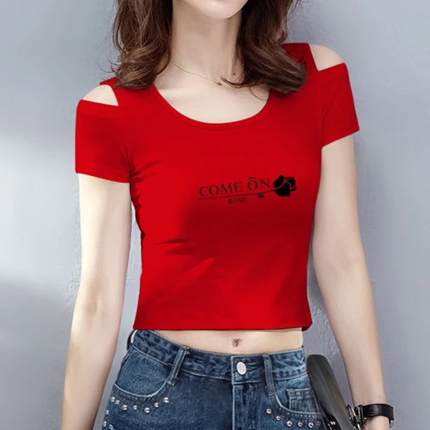 短袖t恤女短款露肩修身2025夏季新款高腰漏肚脐紧身上衣露脐显瘦