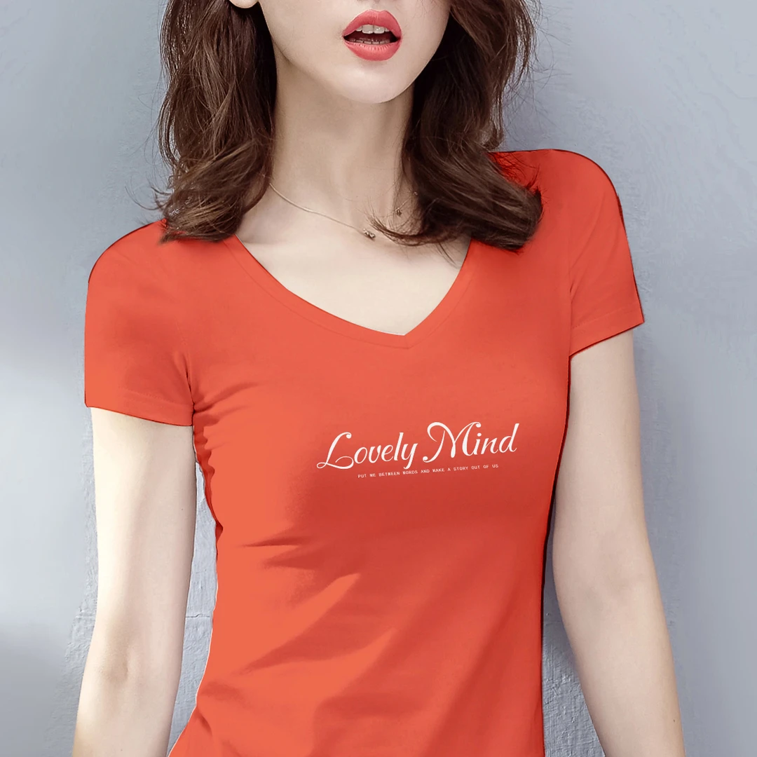 橘色夏新款修身打底衫气质衣服白色上衣v领短袖t恤女时尚百搭纯色