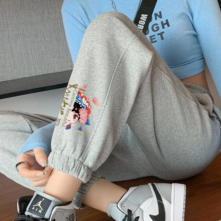 卫裤女春秋国风印花运动裤高腰休闲显瘦卫裤女款爆款新款宽松束脚