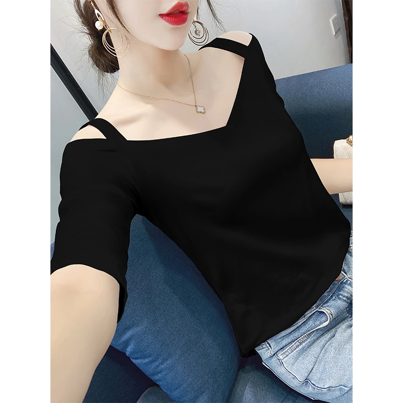 黑色中袖V领t恤女韩版修身一字领吊带五分袖上衣设计感小众打底衫