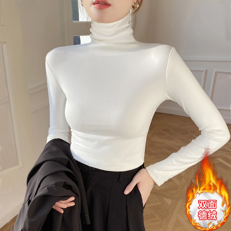 加绒加厚白色高领打底衫女秋冬减龄内搭黑色德绒长袖上衣2024新款