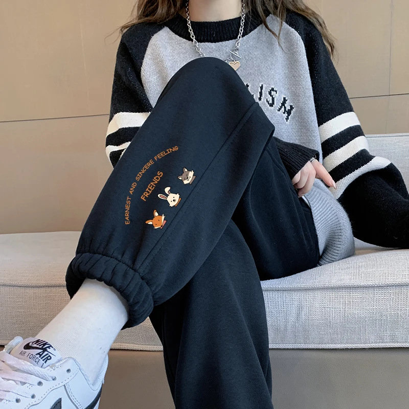 黑色休闲裤新款2025卡通印花运动女裤百搭卫裤女款春秋束脚潮牌