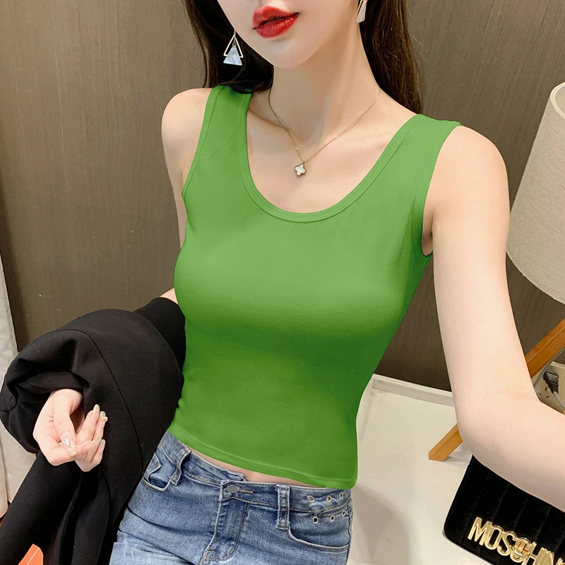 果绿遮副乳吊带女内搭修身棉质背心显瘦短款T恤露脐打底外穿上衣