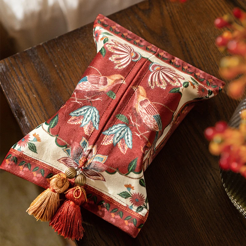 花庭前新中式纸巾盒车载家用客厅轻奢复古美式国风纸巾袋抽纸盒