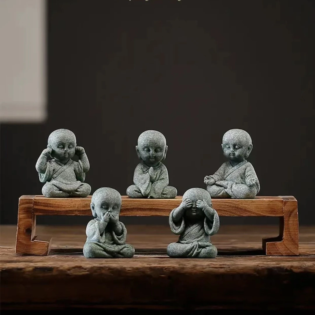 青石中式国风精品茶宠摆件 五不小和尚