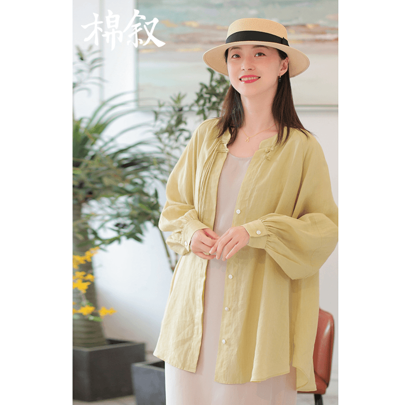 棉叙夏季简中式纯苎麻长袖衬衫女士宽松百搭休闲薄款防晒衫24186