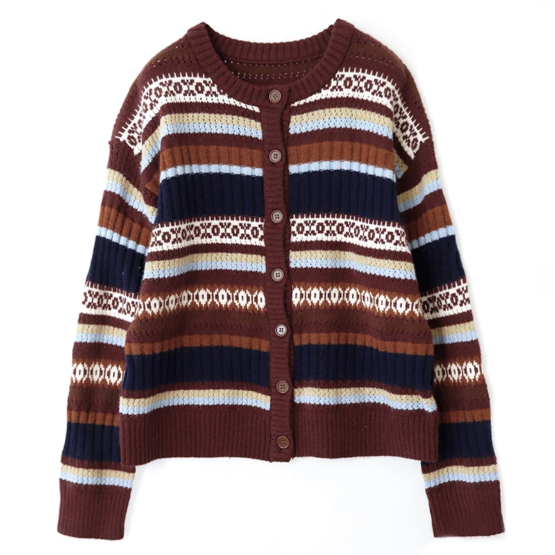 棉叙秋季气质彩色针织条纹开衫女装时尚休闲圆领毛针织衫24655