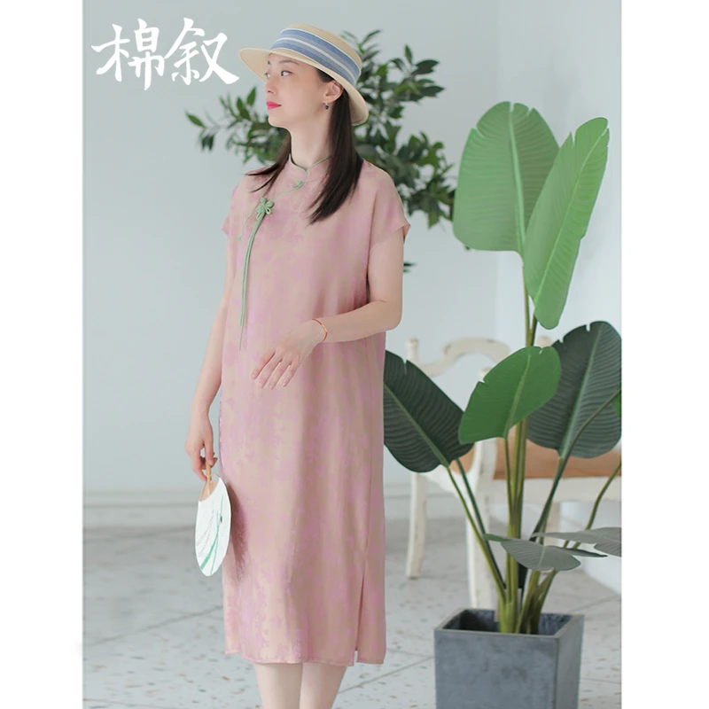 棉叙夏季新品中式改良连肩袖旗袍裙女国风日常中长款连衣裙24182