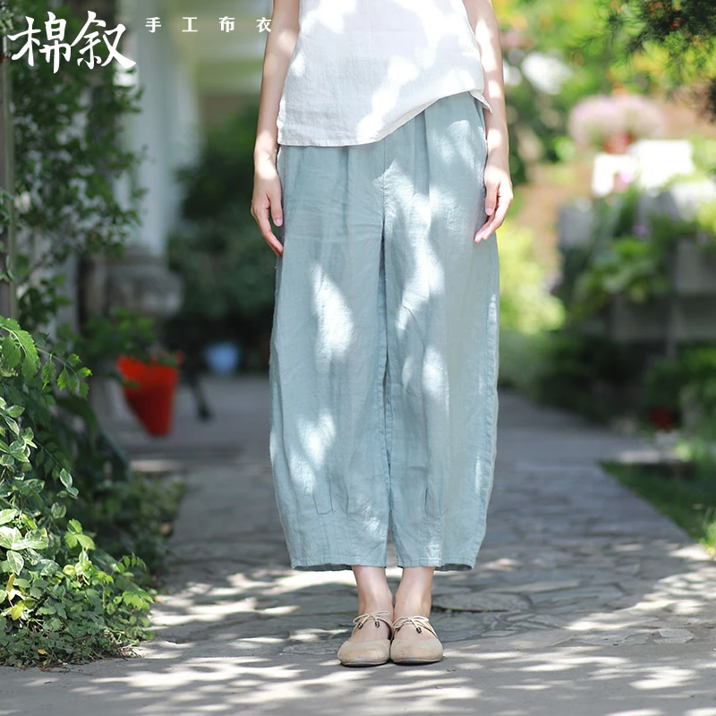 棉叙夏新款文艺复古松紧腰休闲裤阔腿宽松显瘦苎麻九分裤女M8012