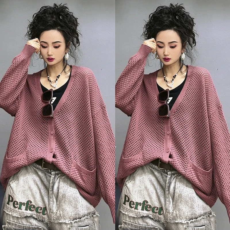 秋冬时尚镂空宽松套头透气休闲百搭V领韩版女装针织衫-61827-1