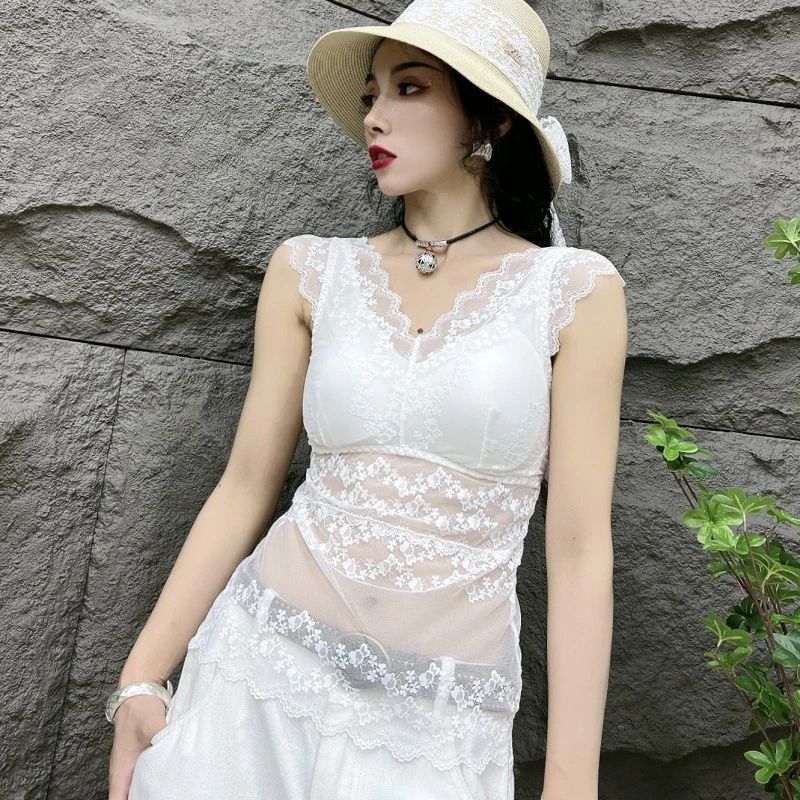 夏季提花蕾丝花边美背内搭打底带胸垫抹胸修身镂空吊带背心-2313