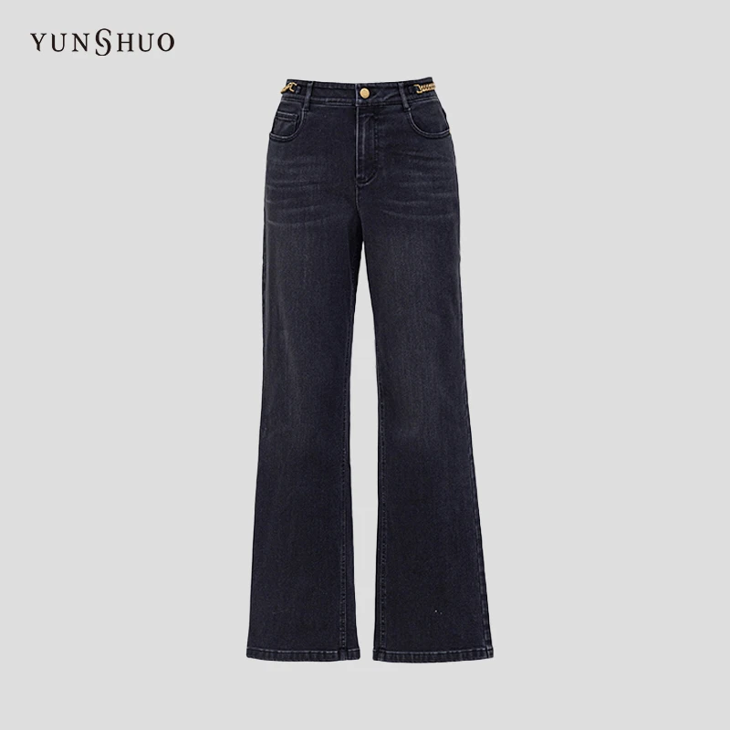 YUNSHUO 新款阔腿牛仔裤女秋冬高腰设计感直筒裤子198023