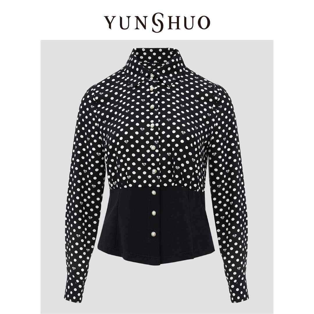 YUNSHUO允硕春秋新款收腰拼接简约显瘦气质黑白波点衬衣339723