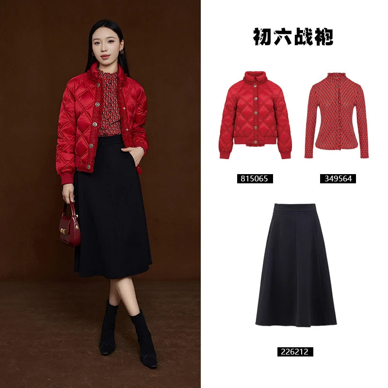 YUNSHUO短款羽绒服女时尚毛边保暖本命年红色春节套装815065