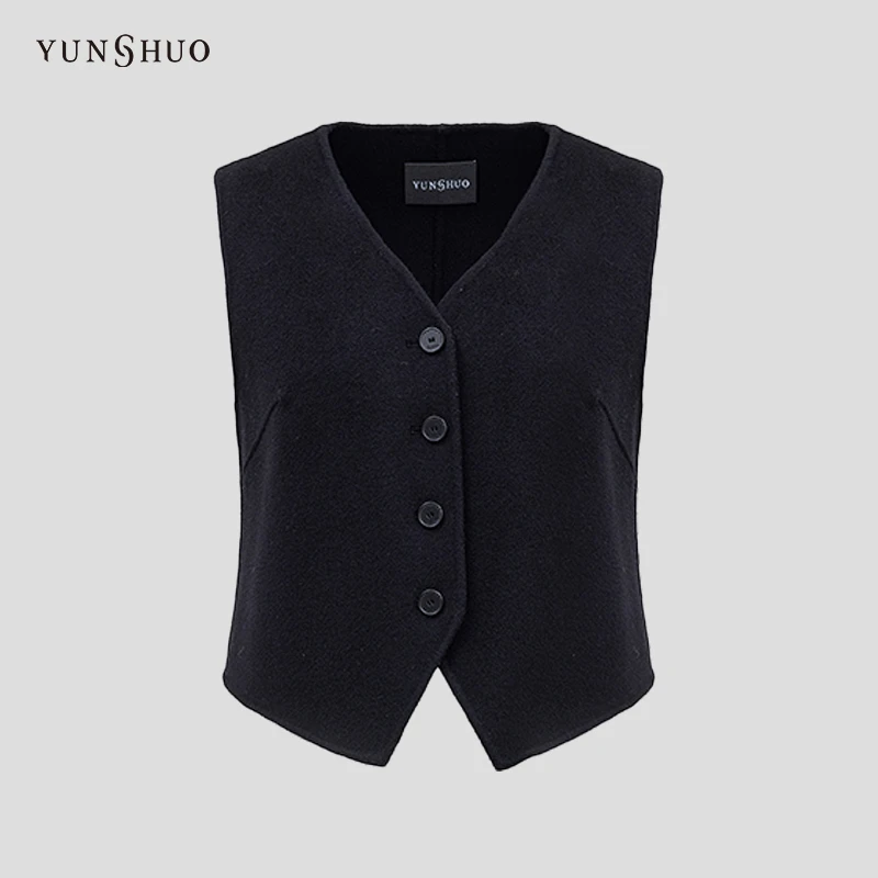 YUNSHUO黑色马甲女秋冬新款V领时尚毛呢马夹625053