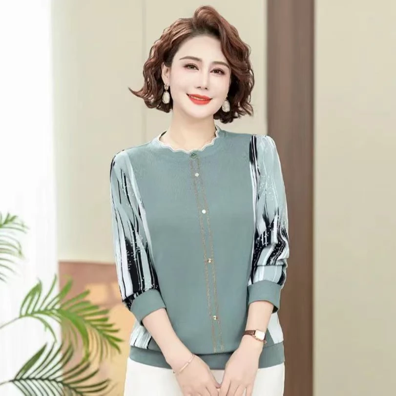 妈妈春装针织小衫洋气薄款t恤中老年女装春秋长袖打底衫上衣大码