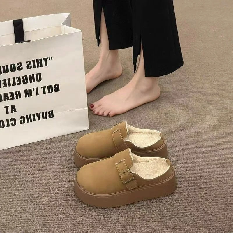 复古厚底勃肯包头半拖鞋女2024秋季加绒保暖外穿懒人一脚蹬博肯鞋