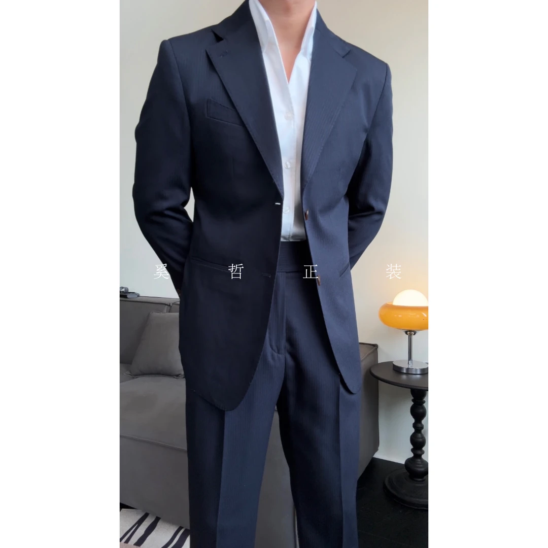 意式商务通勤款男士气质绅士条纹西服套装910